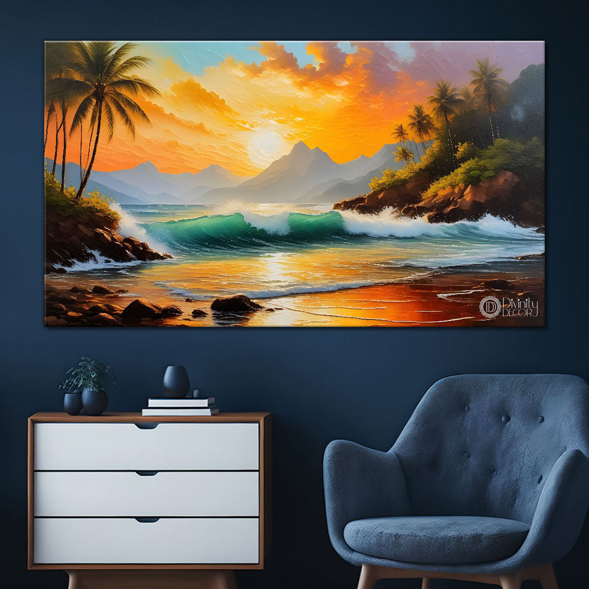 Mountains with river and tree in sunrise painting Canvas Painting - Nature Art -413