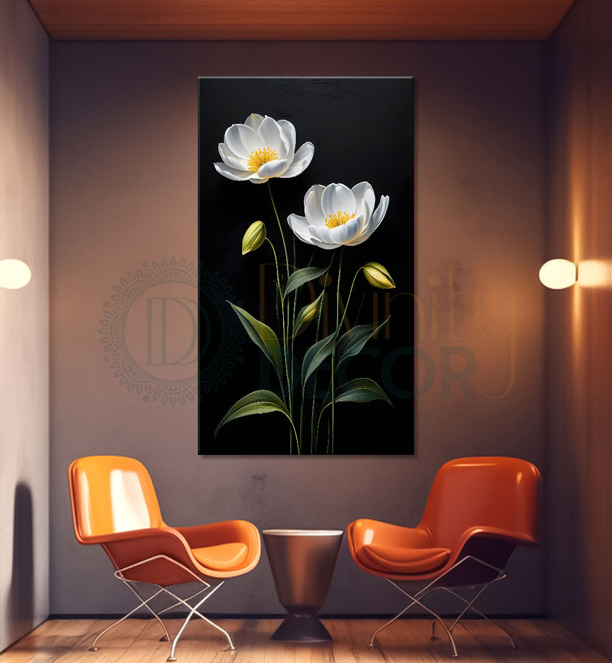 White flowers in dark textured painting- Flower-V-413