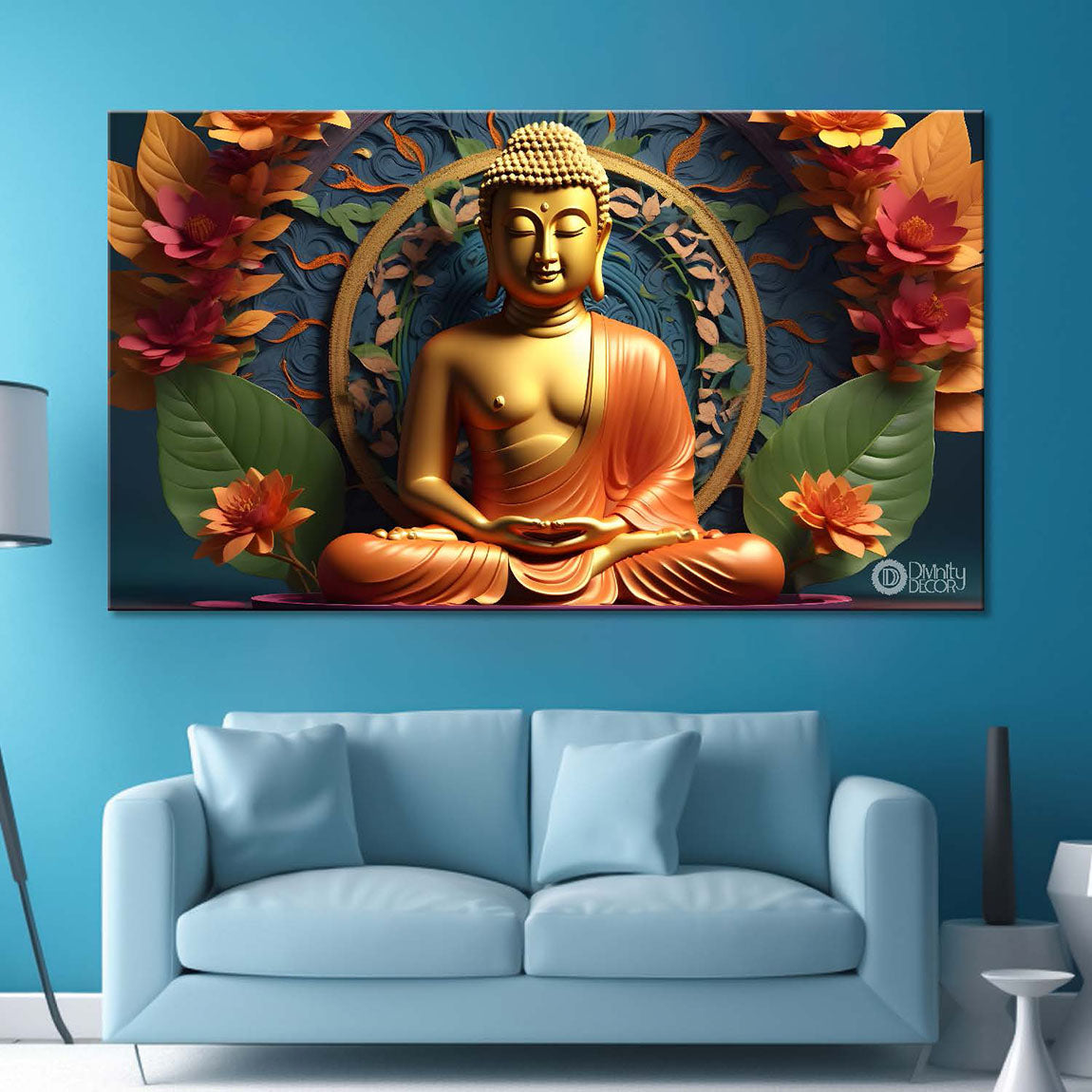 Golden buddha with orange and lotus background textured painting Canvas Wall Painting - Buddha-414