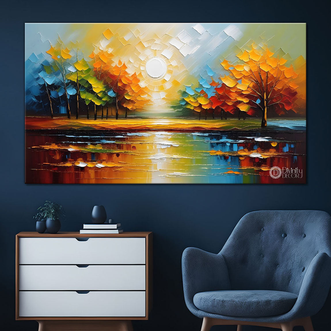 Colorful trees with river painting Canvas Painting - Nature Art -414