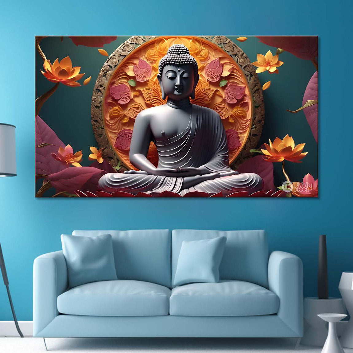 Buddha with orange and lotus background textured painting Canvas Wall Painting - Buddha-415