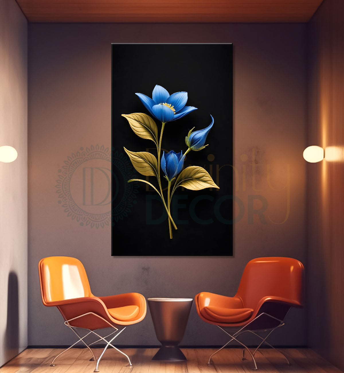 Blue flower in dark textured painting- Flower-V-415