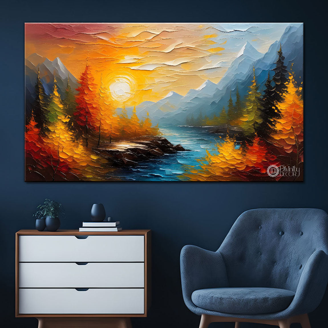 Mountains with orange trees and lake in textured natural art Canvas Painting - Nature Art -415