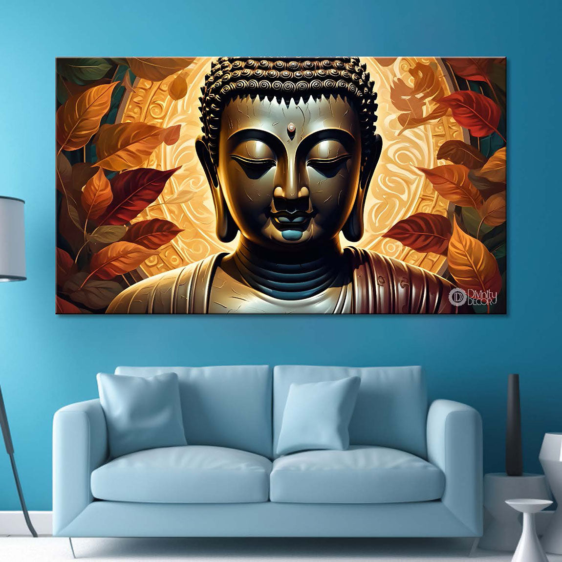 Buddha with orange leaves background textured painting Canvas Wall Painting - Buddha-416