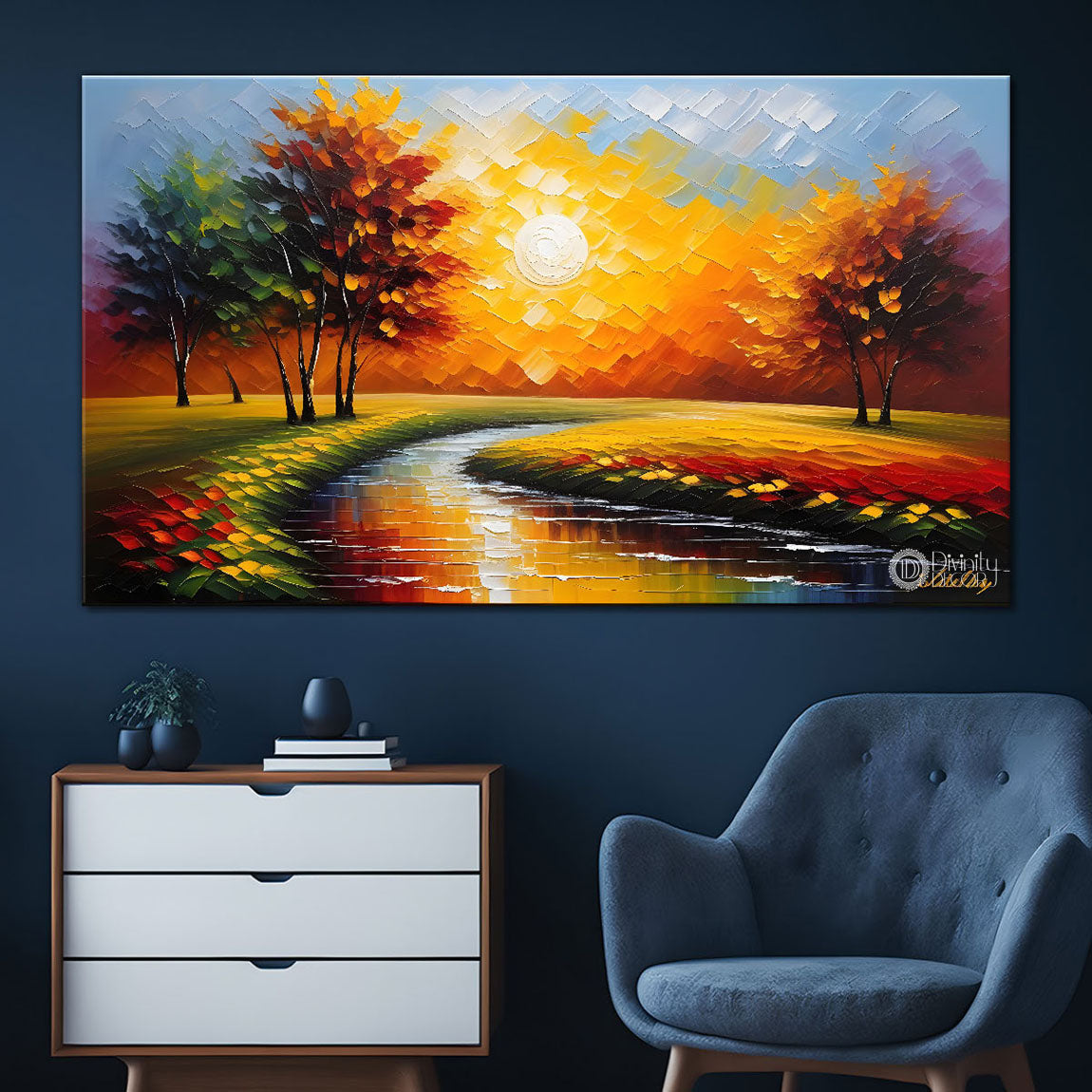 Trees and lake with sunset painting Canvas Painting - Nature Art -416