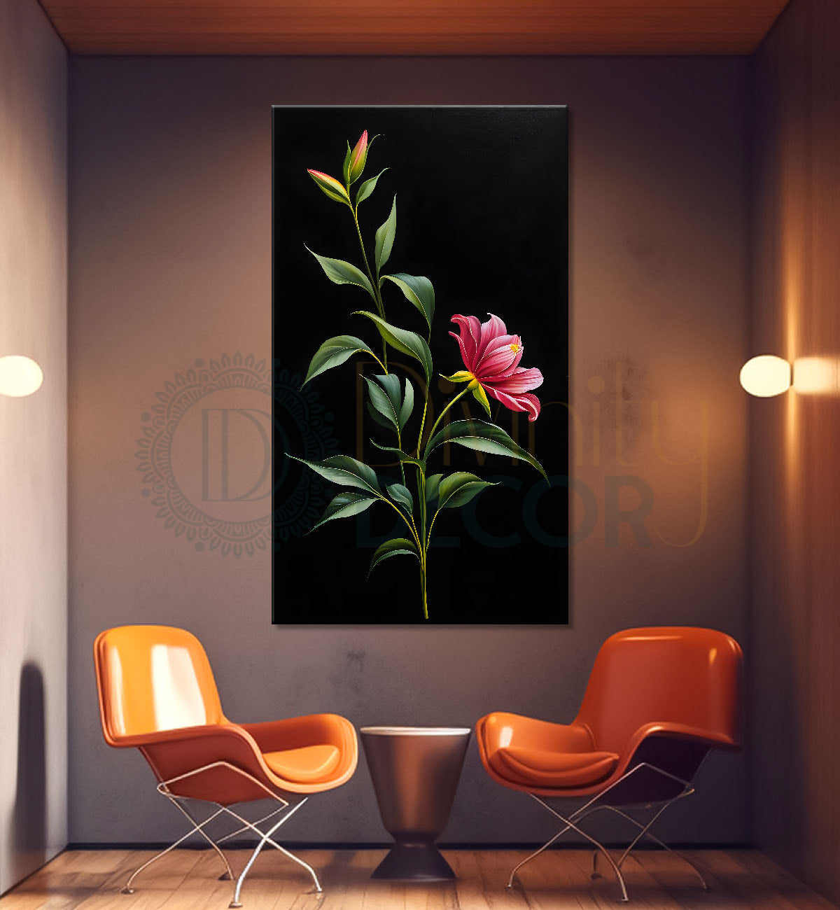 Red flowers in dark textured painting- Flower-V-416