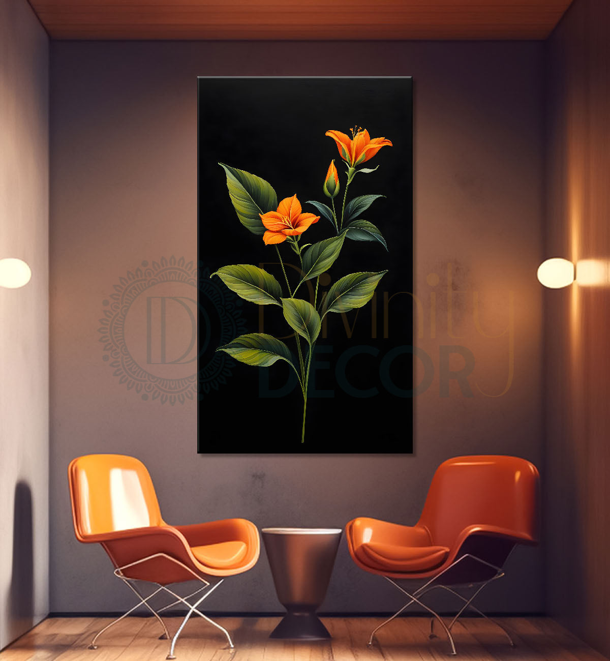 Orange flowers in dark textured painting- Flower-V-417