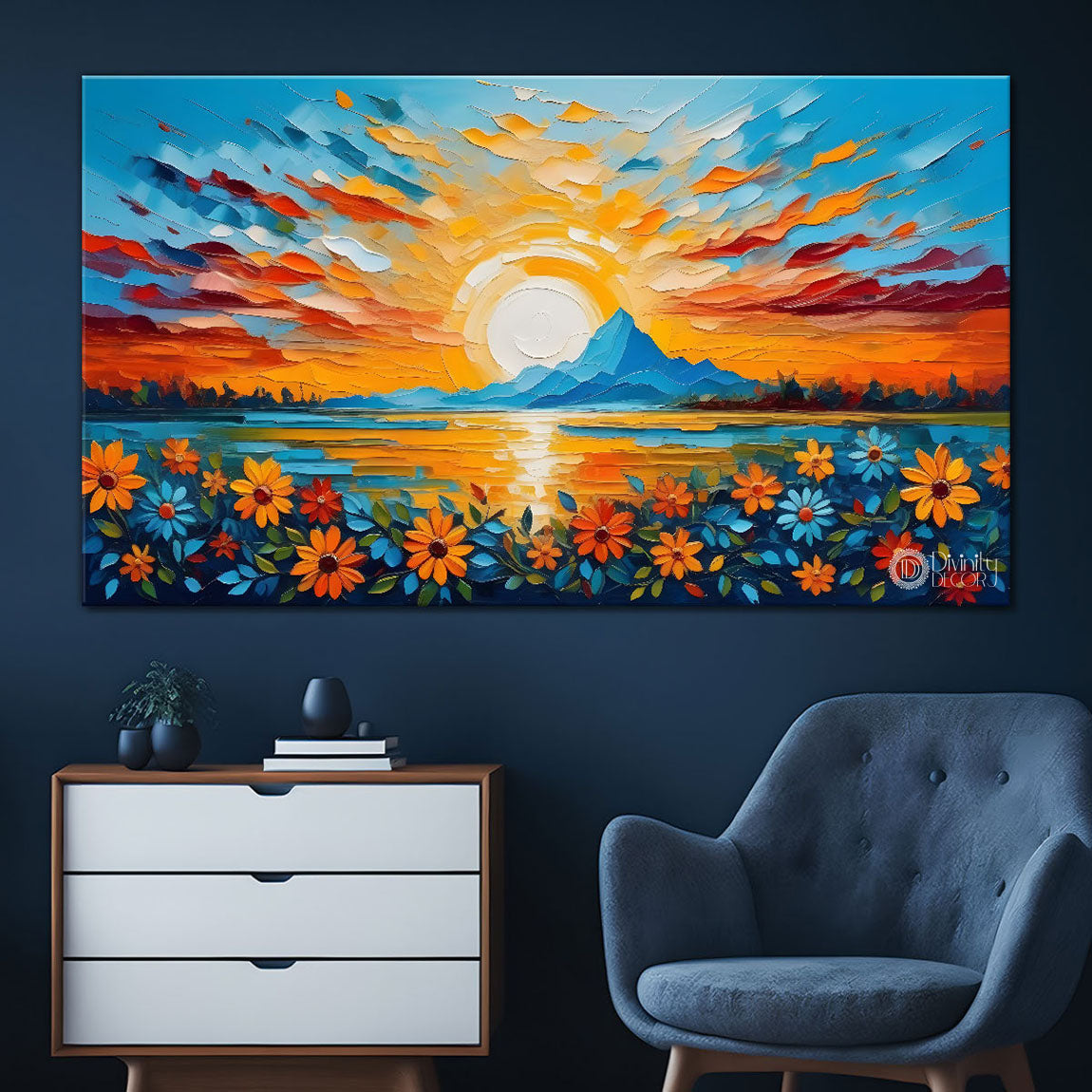 Mountains and flowers with sunrise painting Canvas Painting - Nature Art -419