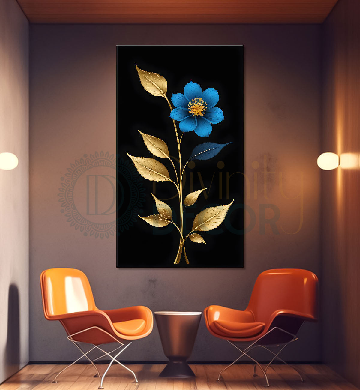 Blue flower in dark textured painting- Flower-V-419