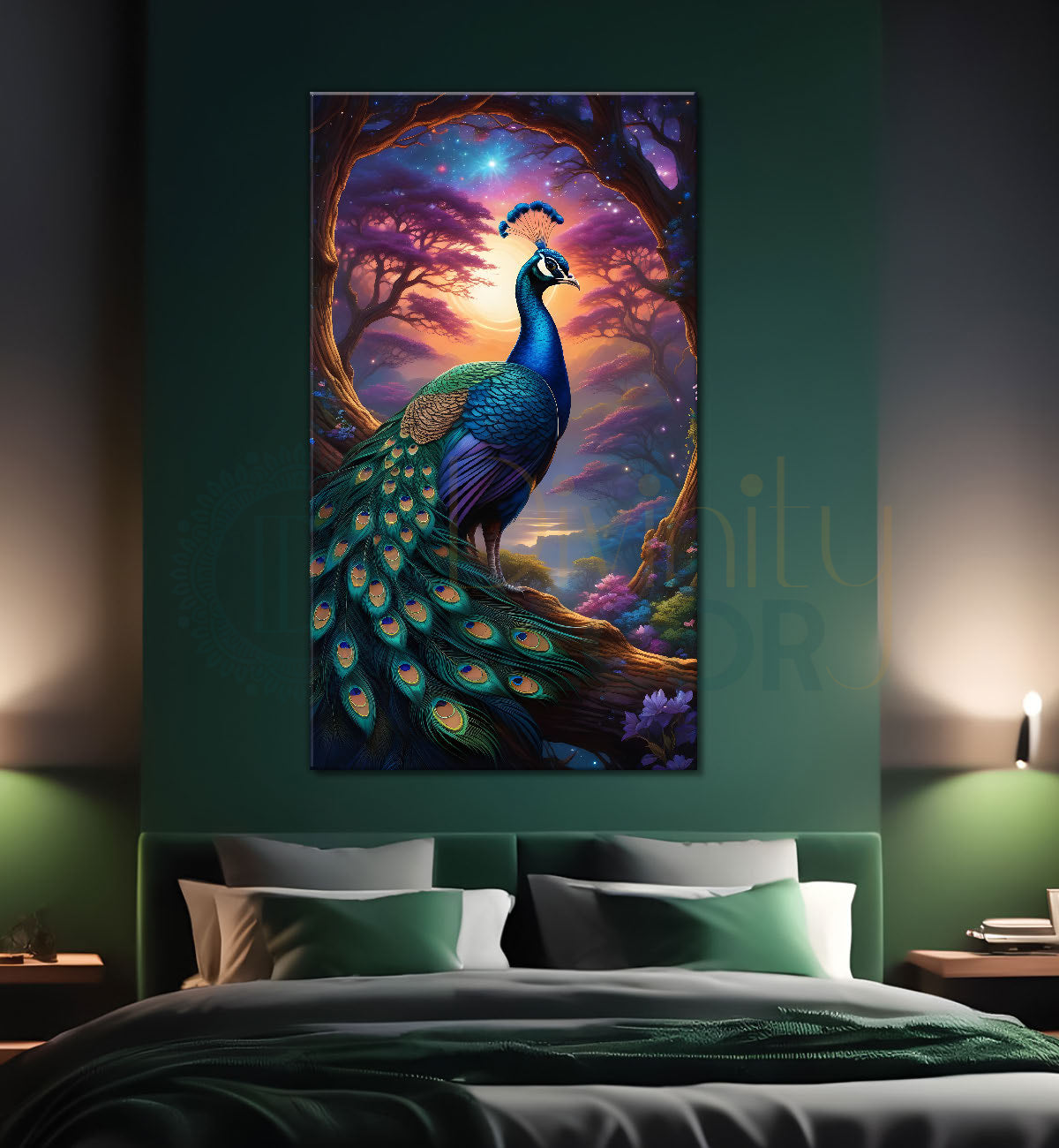 Peacock on branch in front of moon with purple background modern art painting  - Design - Peacock-V-41