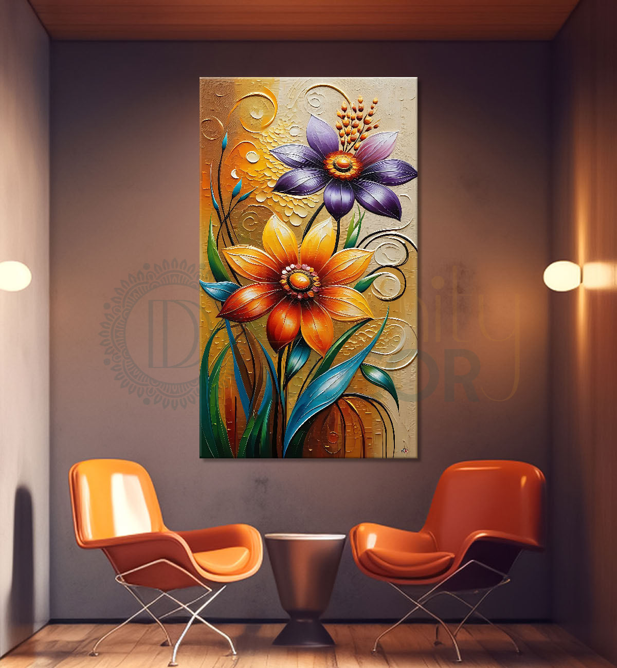 Orange and purple flowers in light brown textured painting- Flower-V-421