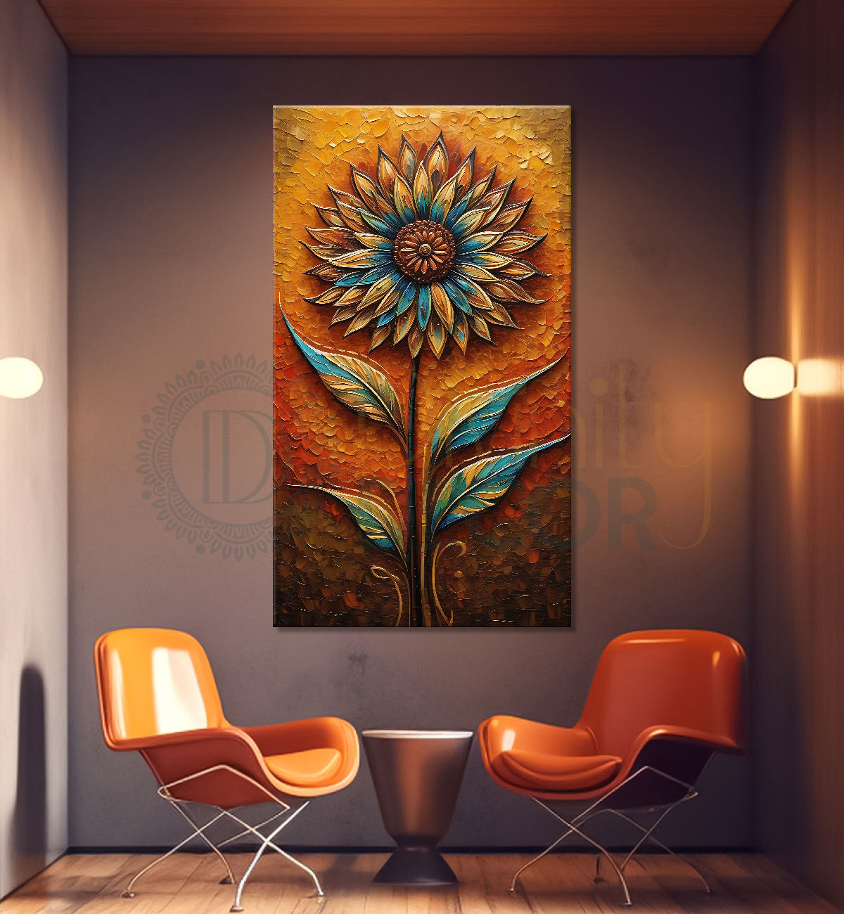 Orange flowers in light brown textured painting- Flower-V-422