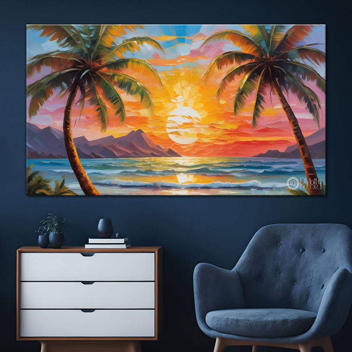 Trees with sea and mountains painting Canvas Painting - Nature Art -423