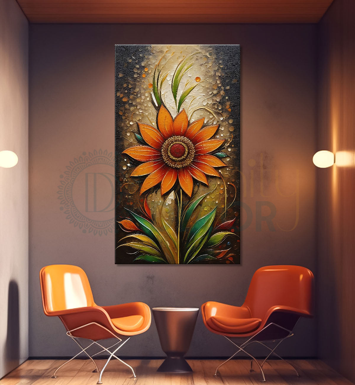Orange flowers in light brown textured painting- Flower-V-423