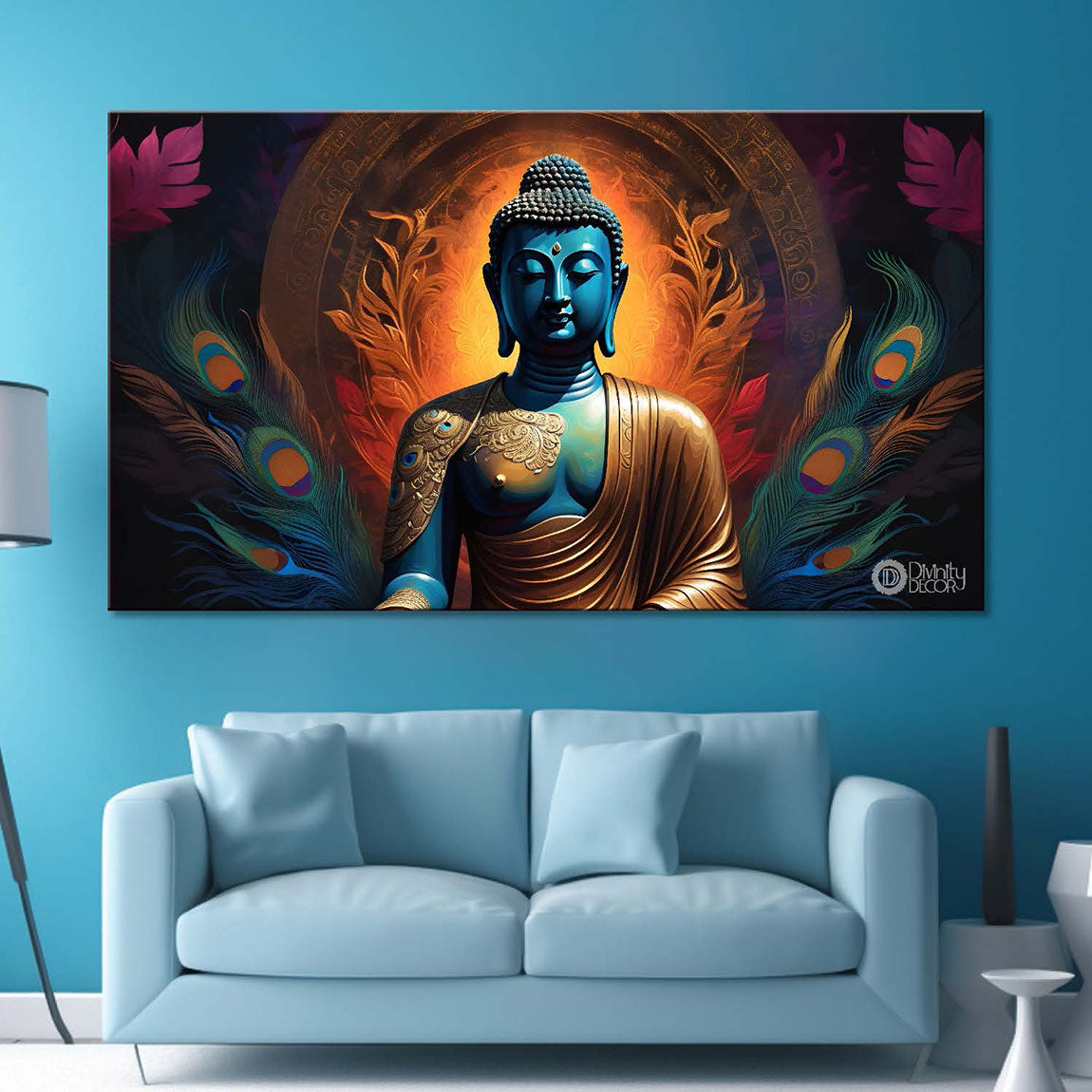 Blue buddha with the peacock feathers background textured painting Canvas Wall Painting - Buddha-424
