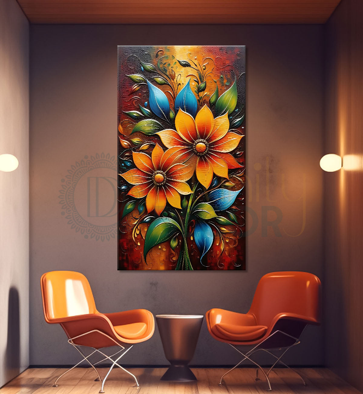 Orange flowers in light brown textured painting- Flower-V-424