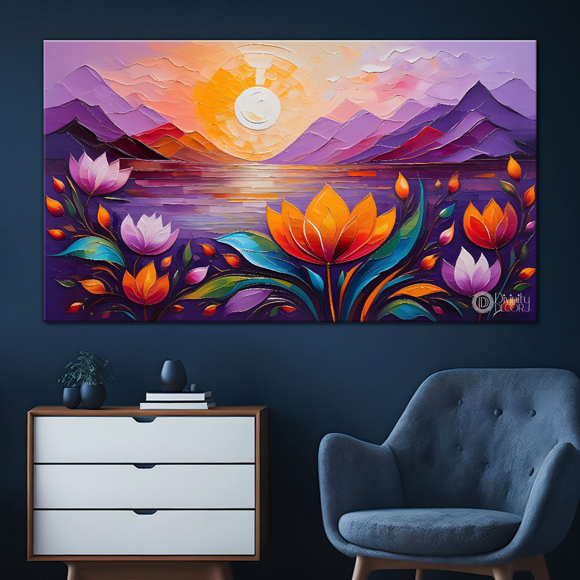 Mountains and flowers with sunrise painting Canvas Painting - Nature Art -424