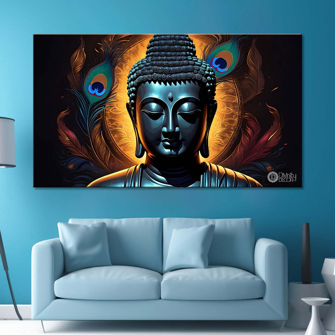 Blue buddha with the peacock feathers background textured painting Canvas Wall Painting - Buddha-425