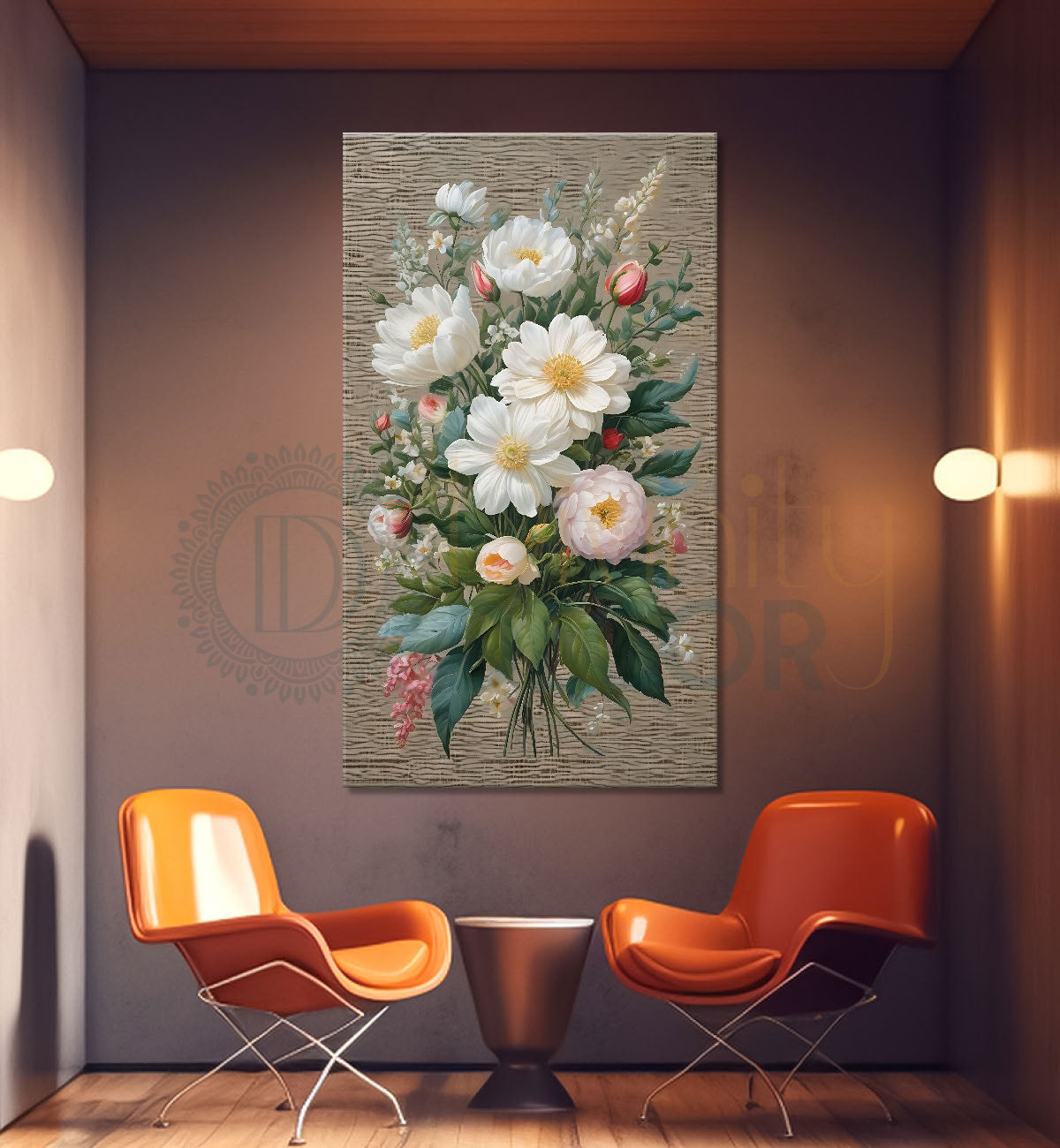 White flowers in grey textured painting- Flower-V-425