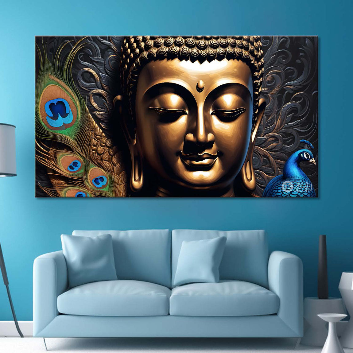 Golden buddha with the peacock feathers background textured painting Canvas Wall Painting - Buddha-426