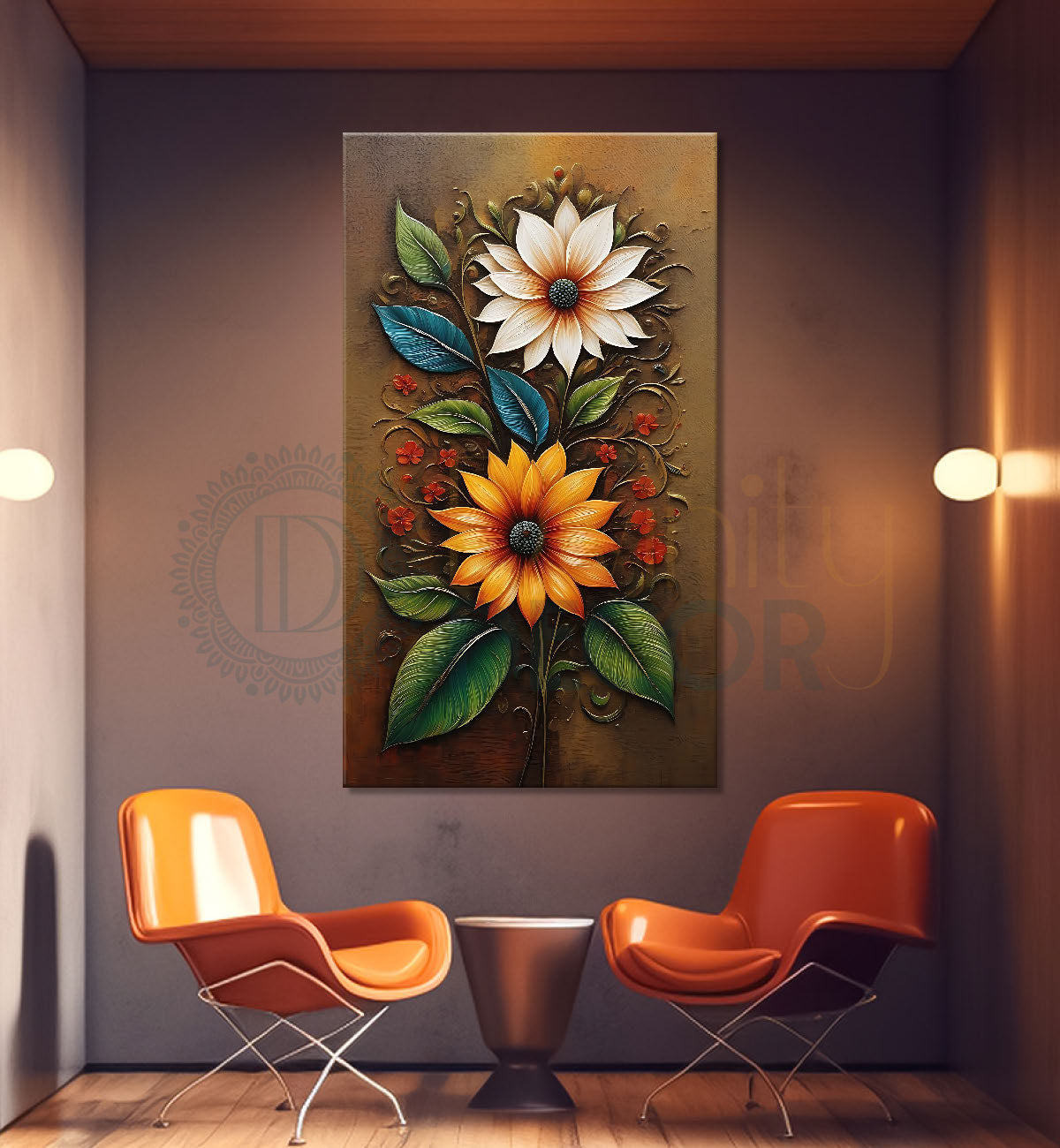 Orange and white flowers in light brown textured painting- Flower-V-426