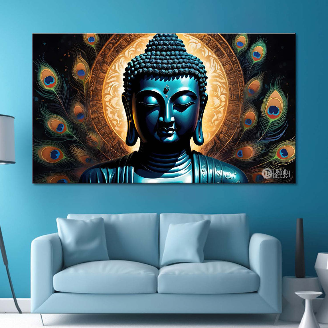 Blue buddha with the peacock feathers background textured painting Canvas Wall Painting - Buddha-427