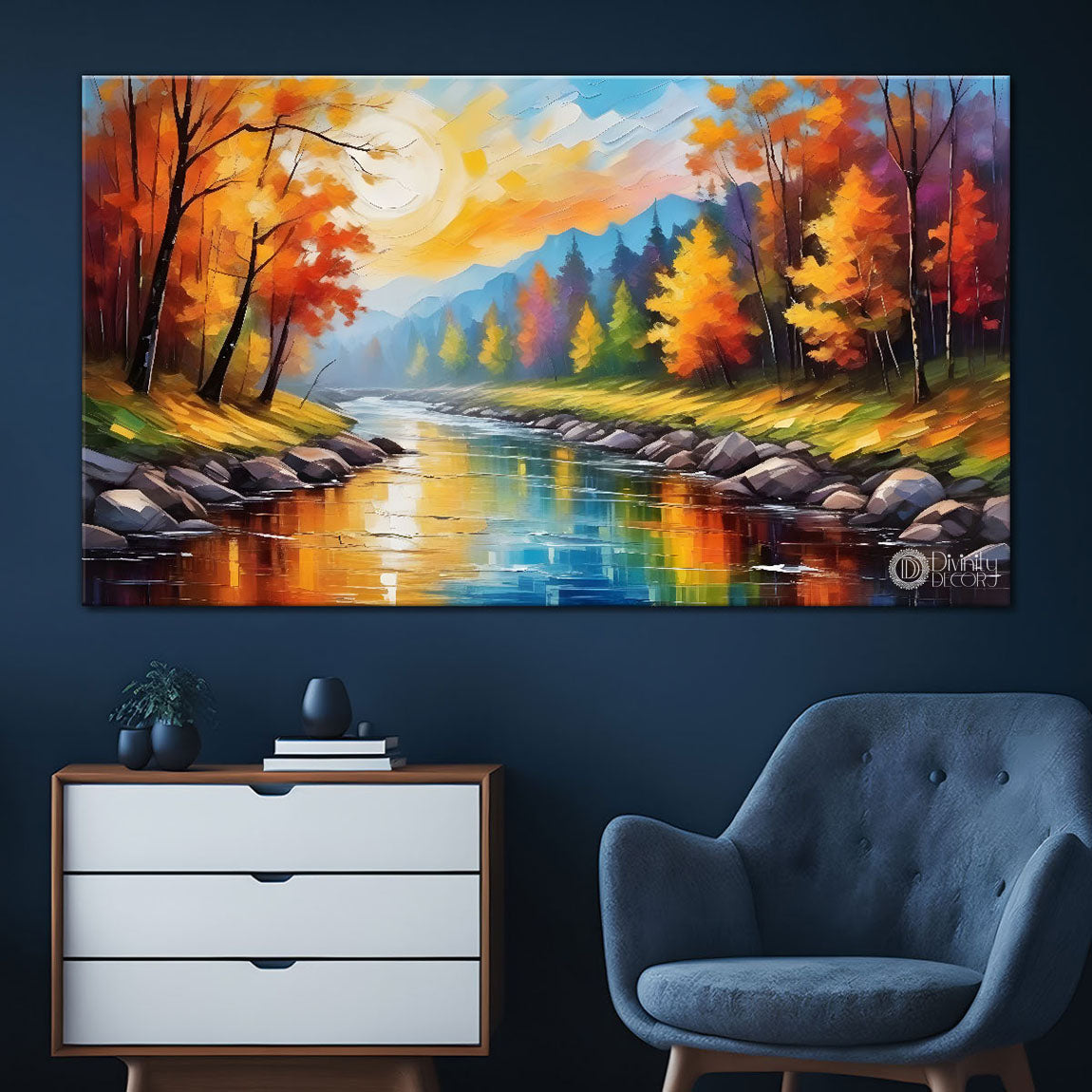Orange trees with lake and mountains painting Canvas Painting - Nature Art -427