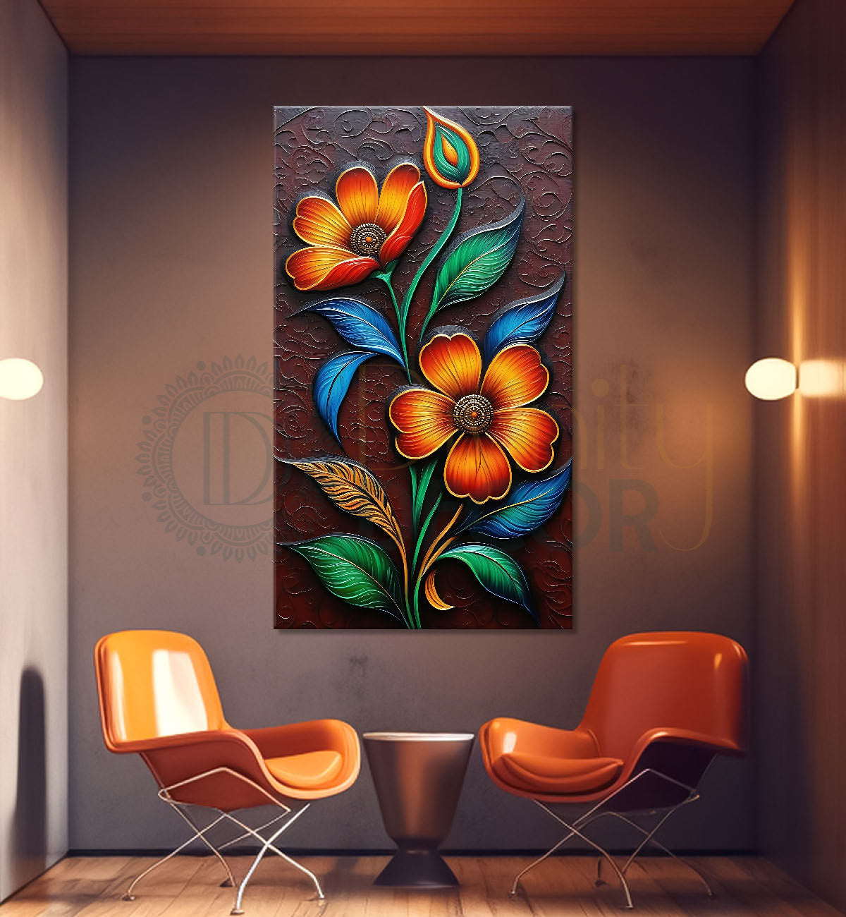 Orange flowers in dark brown textured painting- Flower-V-427