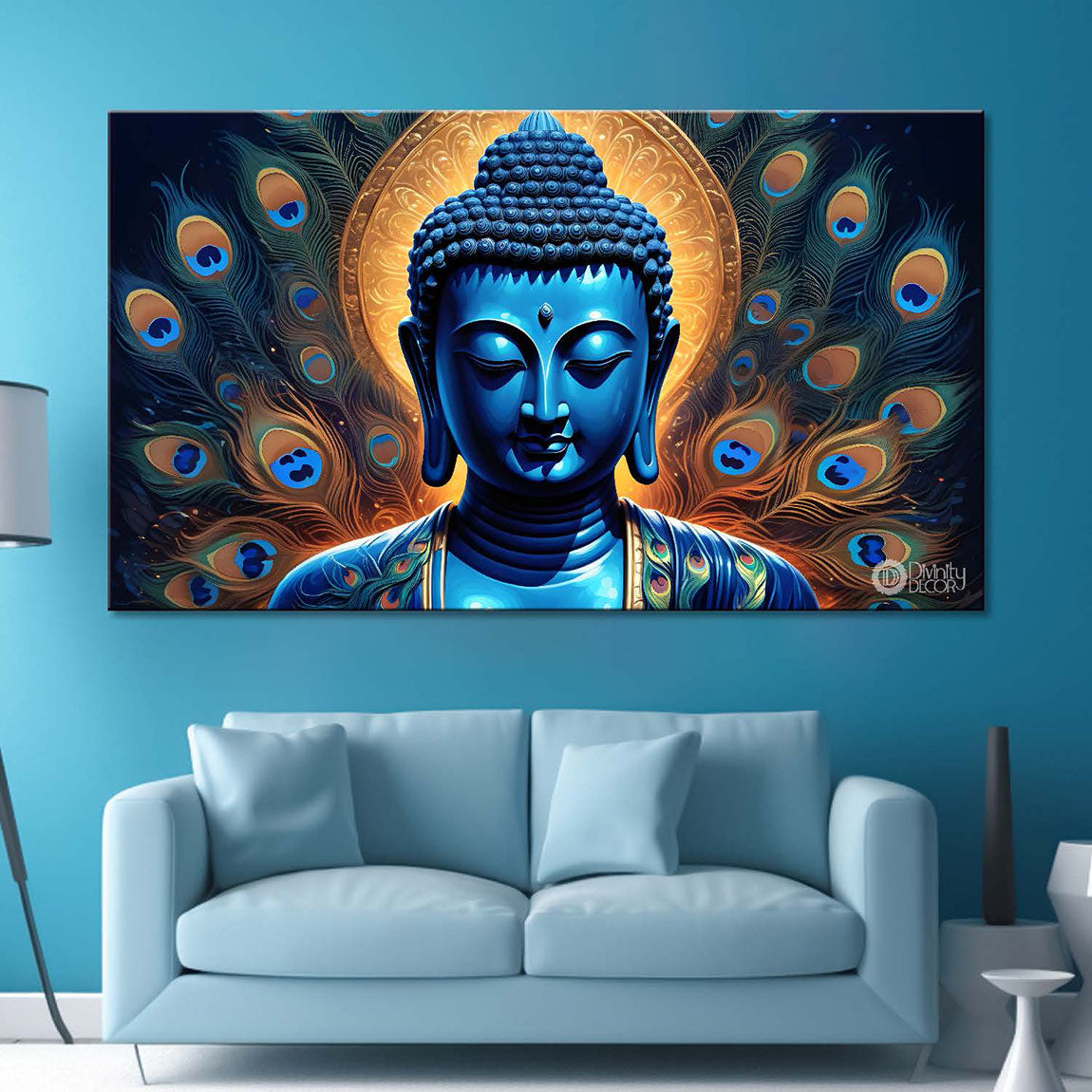 Blue buddha with the peacock feathers background textured painting Canvas Wall Painting - Buddha-428