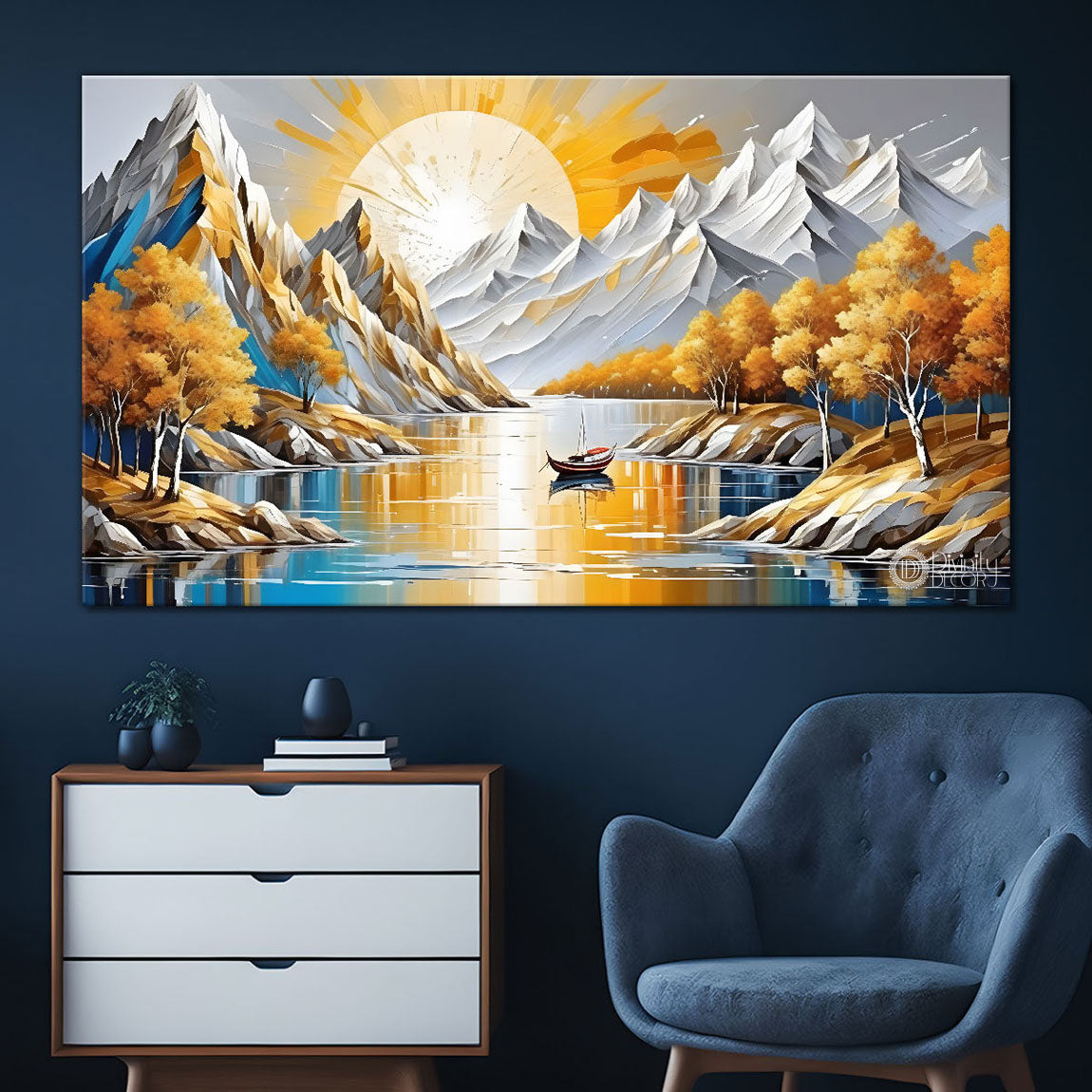 White mountains with sun and tree painting Canvas Painting - Nature Art -428