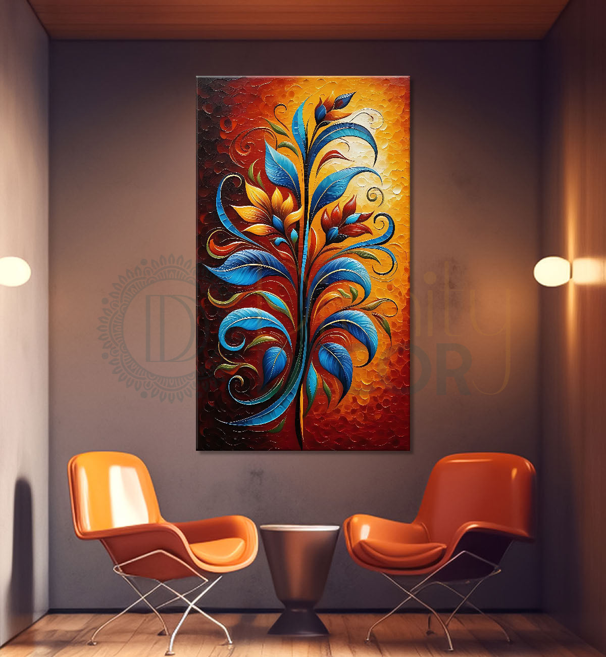 Orange flowers in orange brown textured painting- Flower-V-428