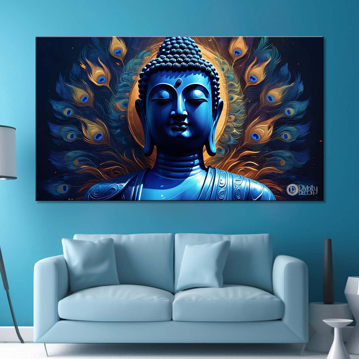 Blue buddha with the peacock feathers background textured painting Canvas Wall Painting - Buddha-429