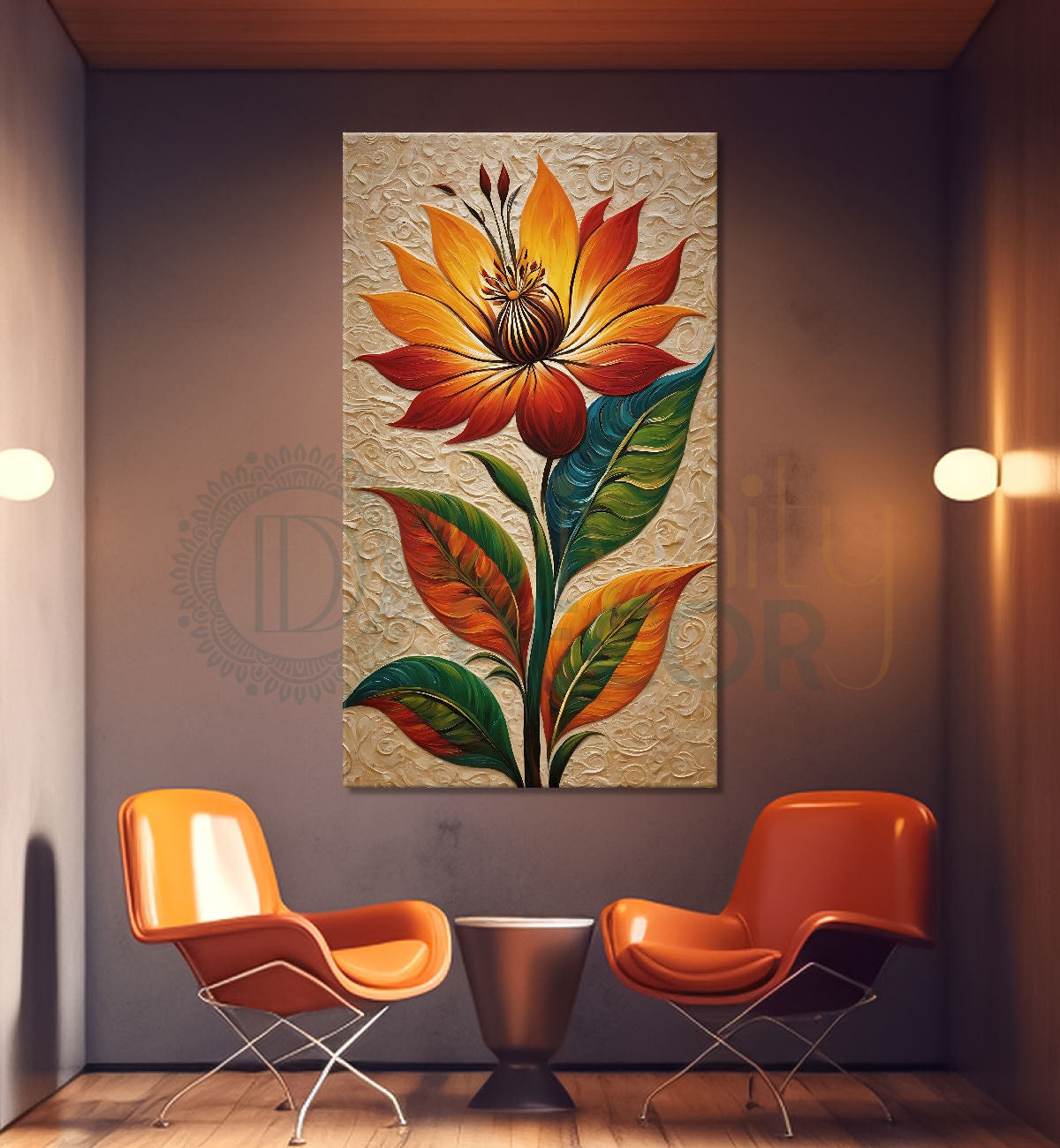 Orange flowers in orange brown textured painting- Flower-V-429