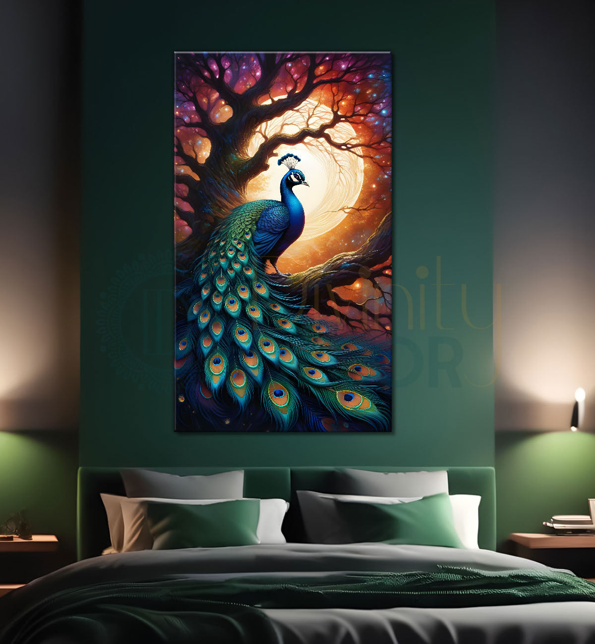 Peacock on branch in front of moon modern art painting   - Design - Peacock-V-42