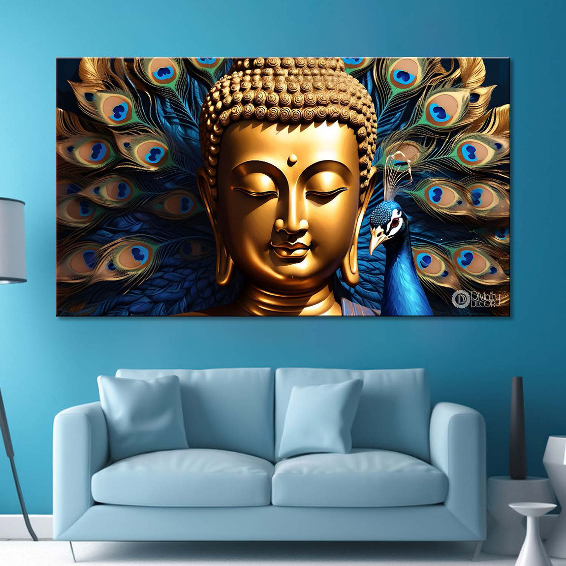 Golden buddha with the peacock feathers background textured painting Canvas Wall Painting - Buddha-430