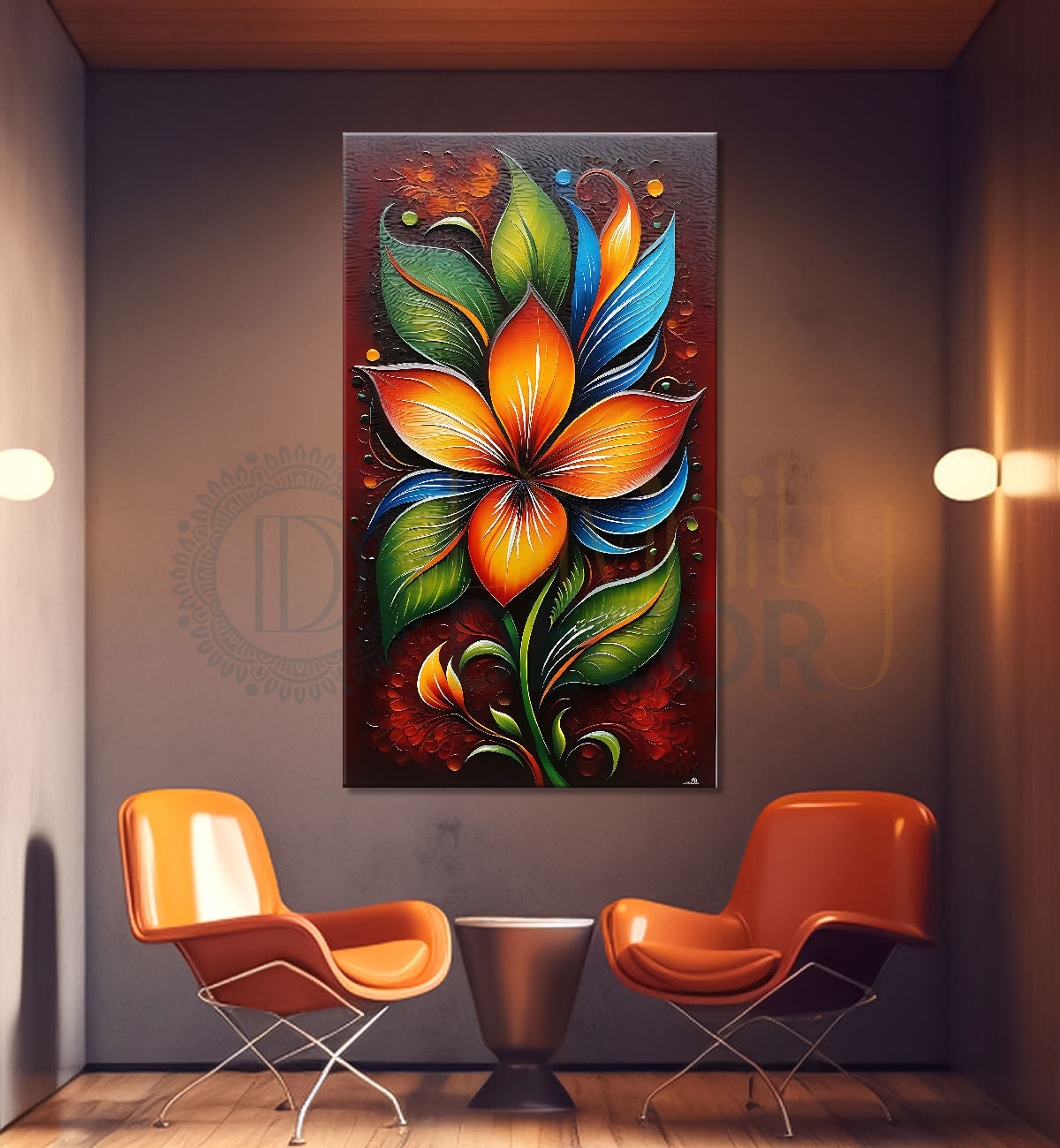 Orange flowers in brown textured painting- Flower-V-430