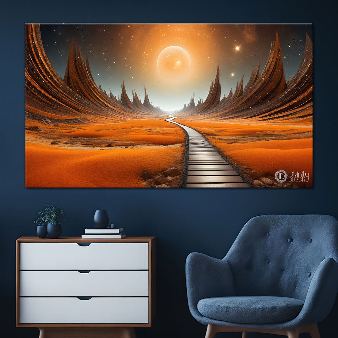 Orange mountains and land with moon painting Canvas Painting - Nature Art -430