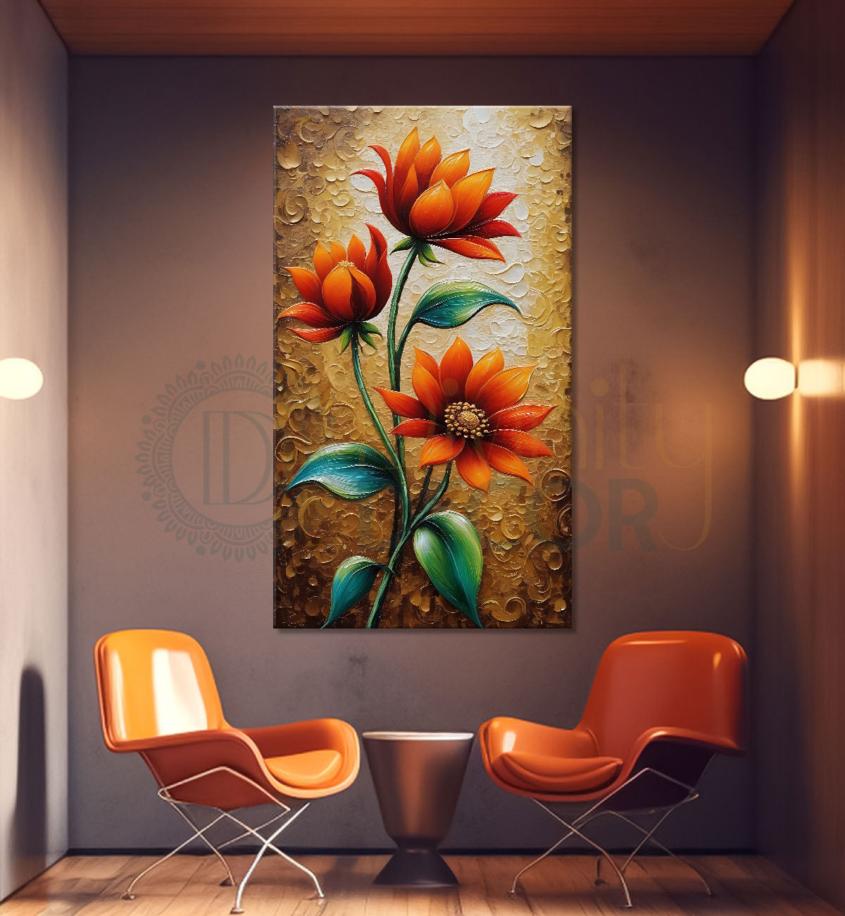 Orange flowers in light brown textured painting- Flower-V-431