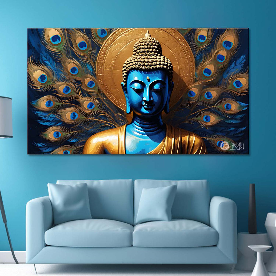 Blue buddha with the peacock feathers background textured painting Canvas Wall Painting - Buddha-432