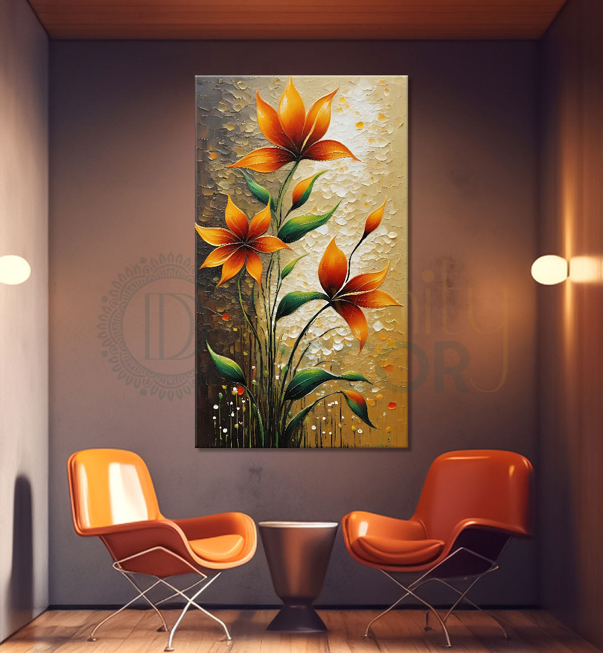 Orange flowers in light brown textured painting- Flower-V-432