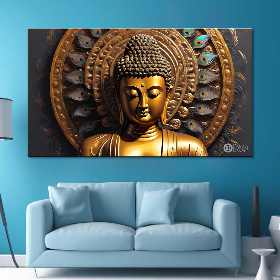 Golden buddha with the golden peacock feathers background textured painting Canvas Wall Painting - Buddha-433