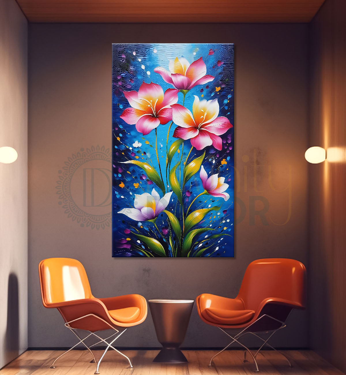 Pink flowers in blue textured painting- Flower-V-433