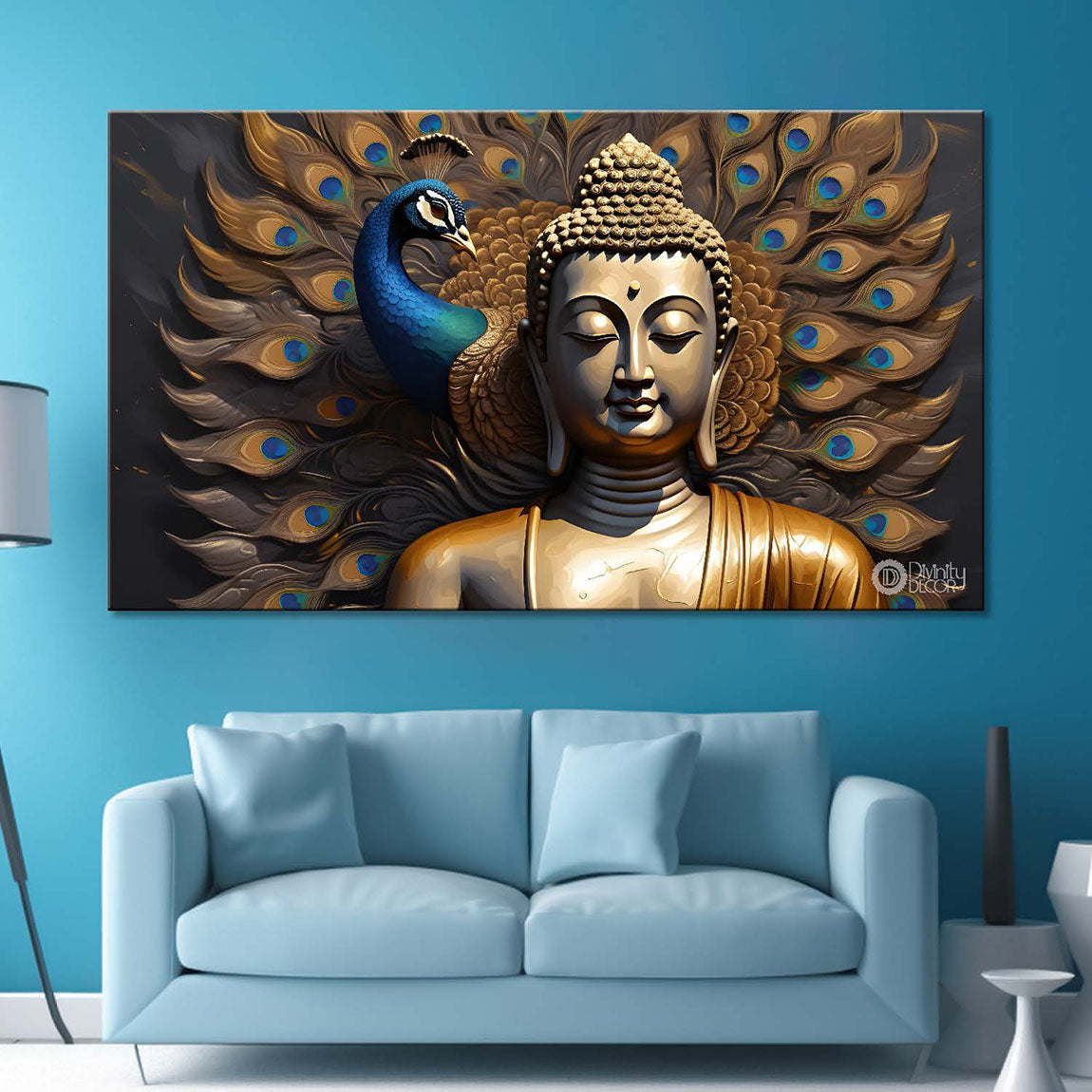 Golden buddha with the peacock feathers background textured painting Canvas Wall Painting - Buddha-434
