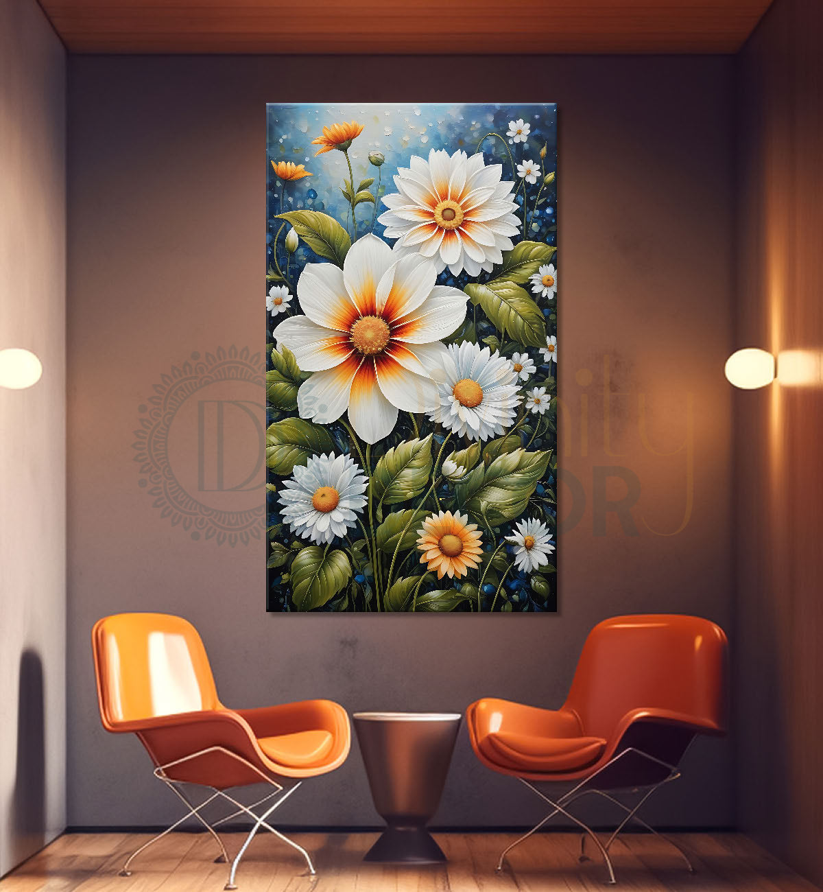 White flowers in sky blue textured painting- Flower-V-434