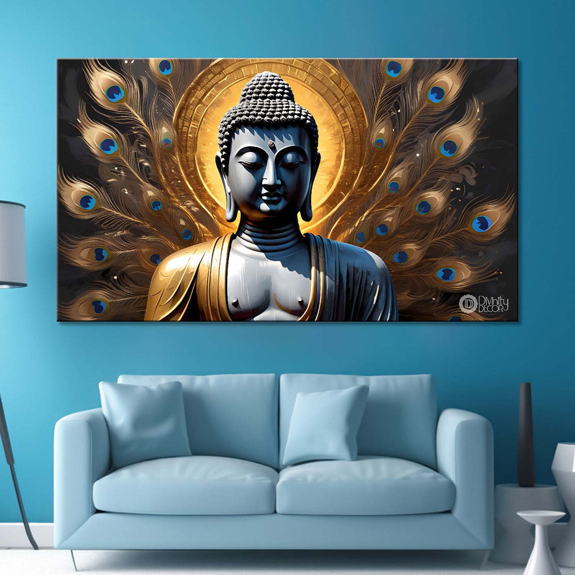 Golden buddha with the peacock feathers background textured painting Canvas Wall Painting - Buddha-435