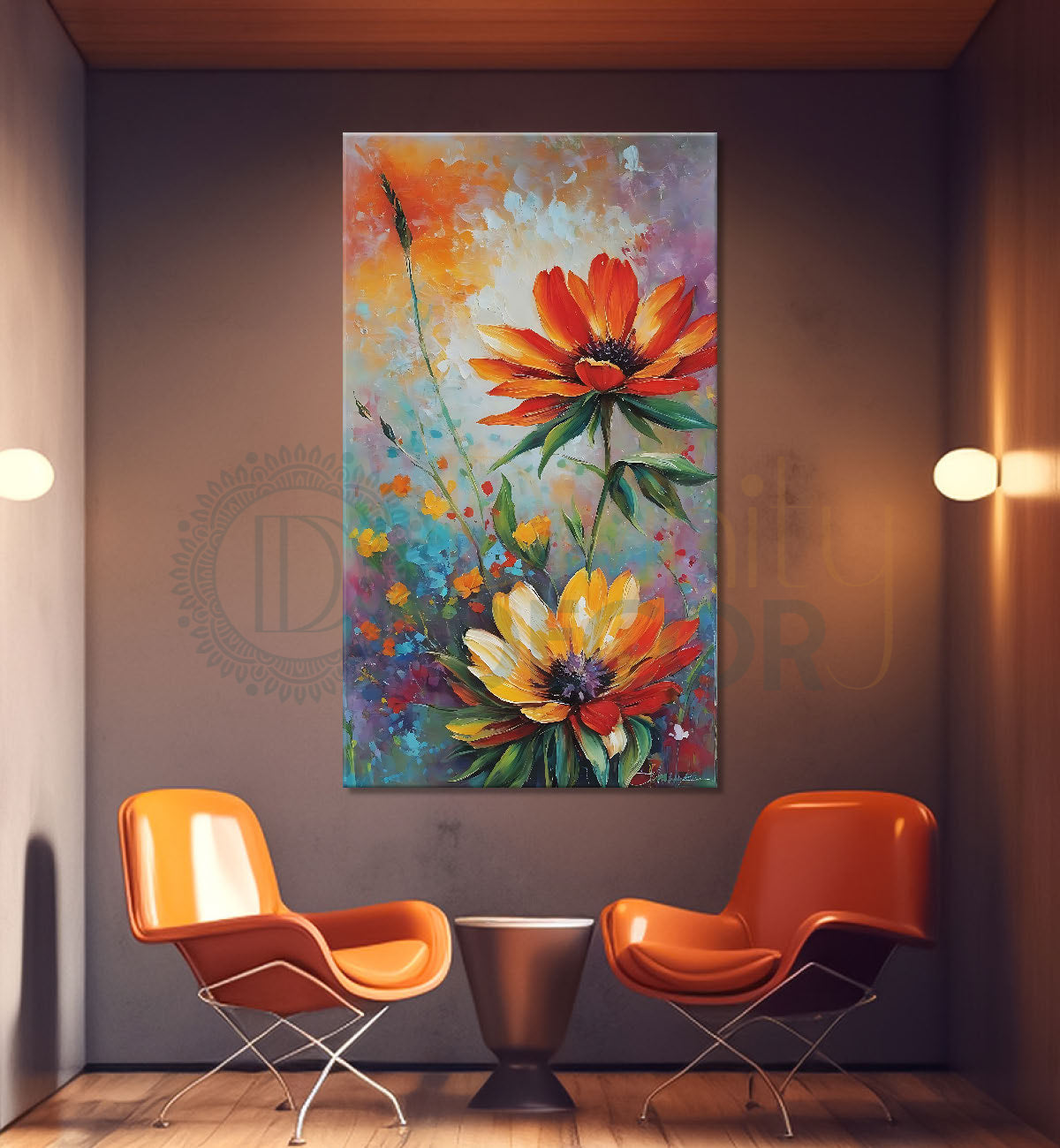 Orange flowers in colourful background art - Flower-V-435