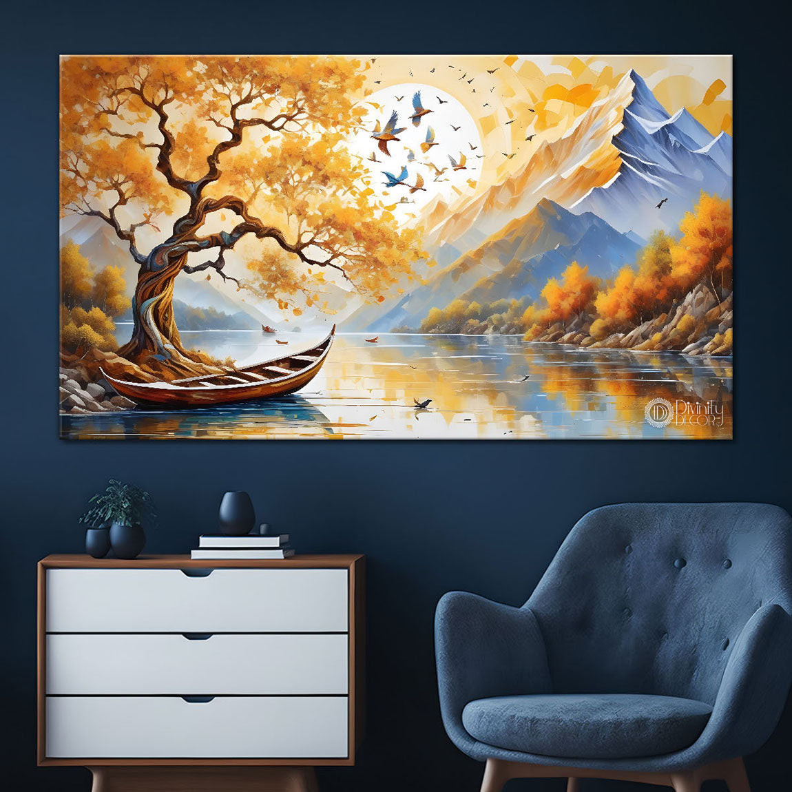 Mountains with tree and river painting Canvas Painting - Nature Art -435