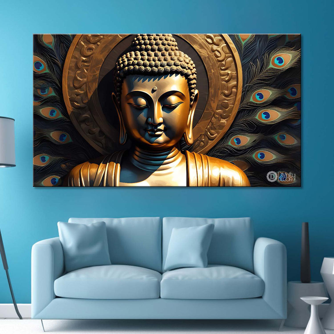 Golden buddha with the peacock feathers background textured painting Canvas Wall Painting - Buddha-436