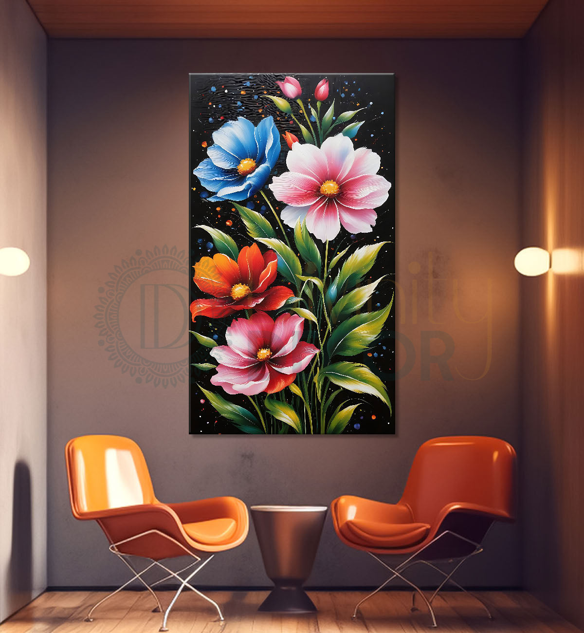 Colourful flowers in dark textured painting- Flower-V-436