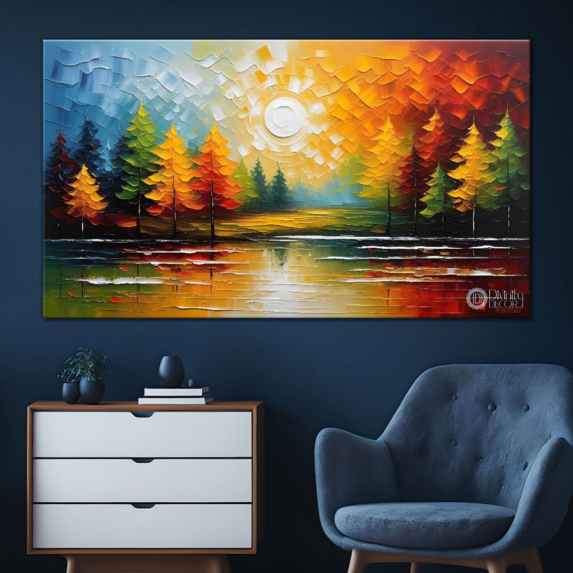 Colorful trees with river painting Canvas Painting - Nature Art -437